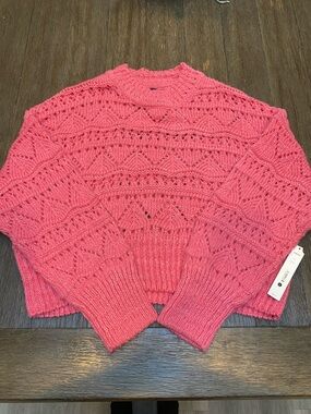 Aqua Coral Pink Openwork Crewneck Sweater
